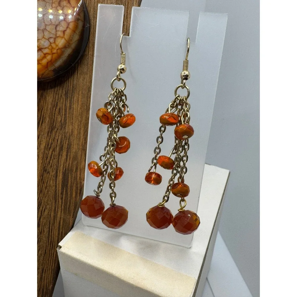 Fire Agate Chunky Beaded Necklace and Dangle Earrings Set Orange Brown Boho